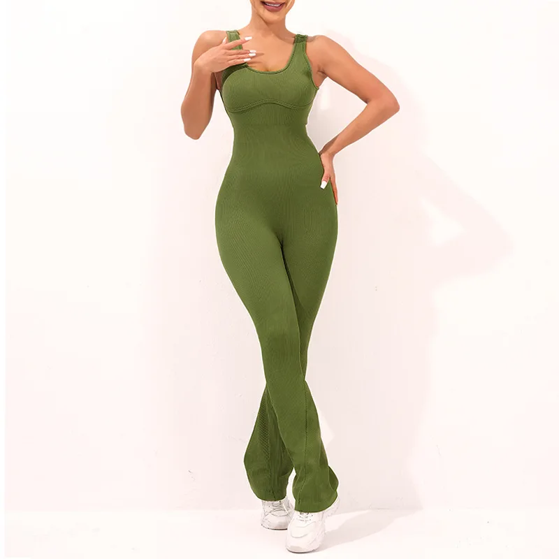 Seamless Ribbed One-Piece Yoga Jumpsuit Dancewear Tummy Control Slim Sports Elastic Bodysuit