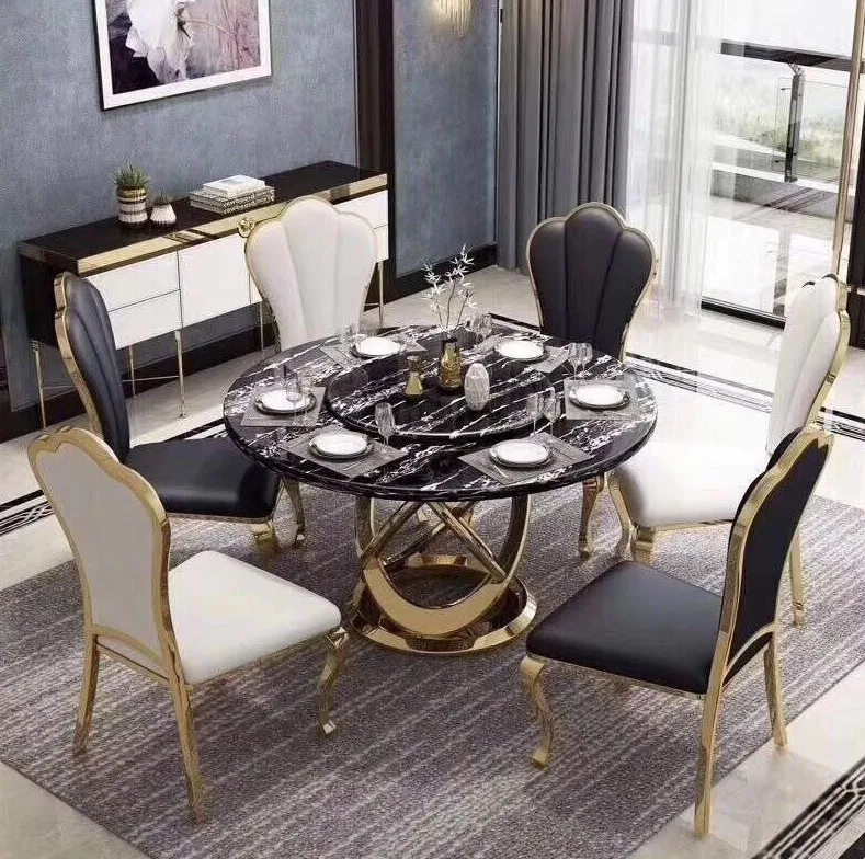 2021 Modern Furniture kitchen dinning table and 6 chair Luxury restaurant metal stainless steel dining room sets dining tables