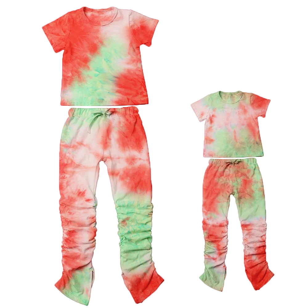 
2020 Hot Sale Fall Clothing for Women Tie Dye Baby Girls Sweatpants Set 2 pcs Kids Stacked Pants Mommy and Me Outfits 