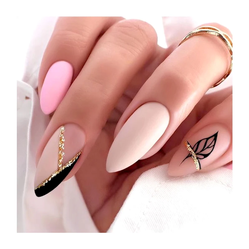 Extra Large Press On Nail Matte Finished Solid Color Gold Glitter Leaf Black Detachable Durable 24pcs Faux Ongles False Nail