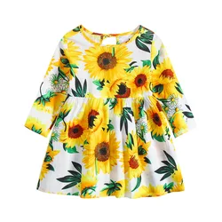 2022 Spring Autumn Nice Flower Print Baby Toddler Girl Long Sleeve Floral Print Knit Tiered Dress Kids Dresses For Girls