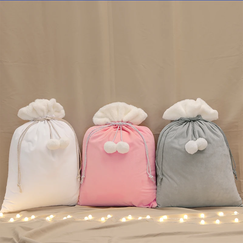New arrival Festival Decoration White Minky Santa Sack Drawstring Gift Christmas Candy Bags