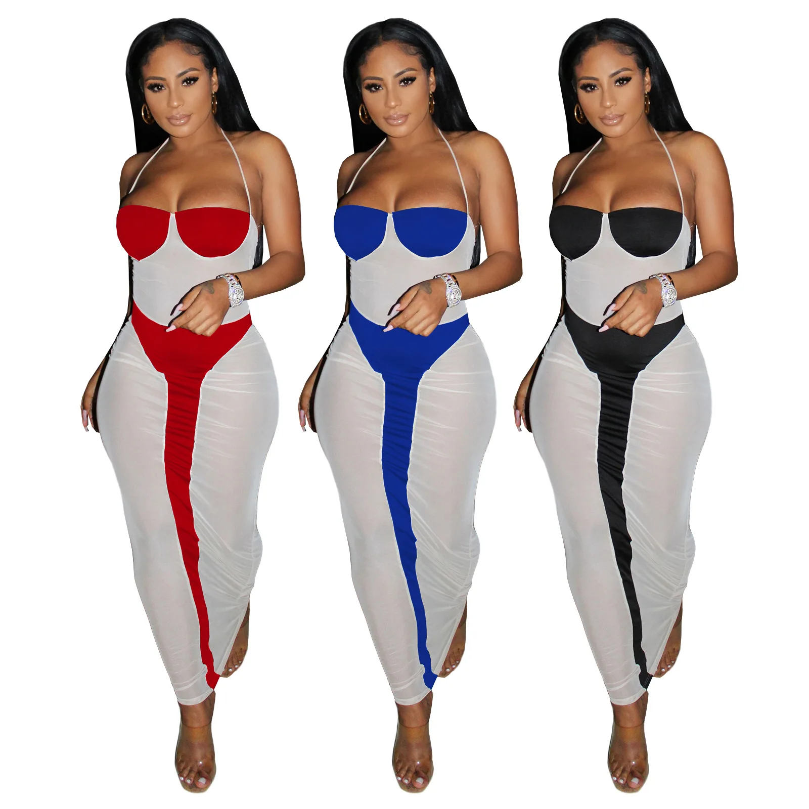 
Office wear for women See-through stretch stitching solid color party dresses ladies 