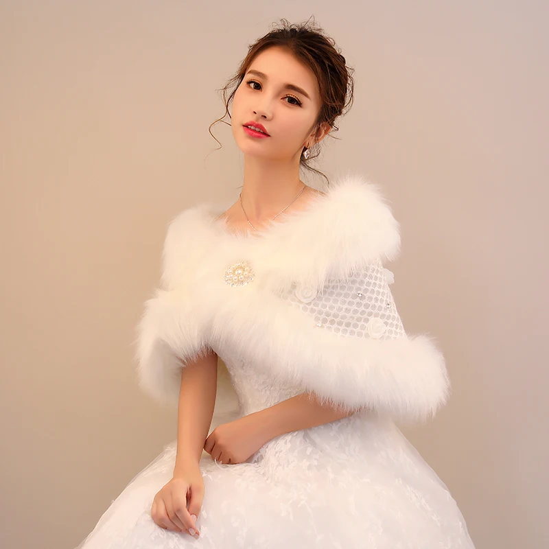 
Wholesale winter hot sale plush collar shawl mesh pearl cloth flower rhinestone bridal shawl 