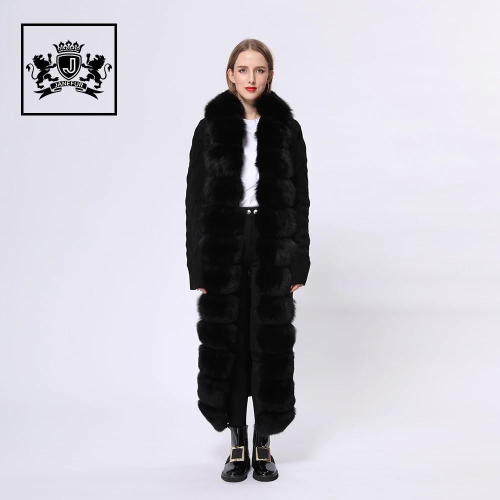 Long Ankle Length Women Knitted Cashmere Cardigan With Real Fox Fur Collar