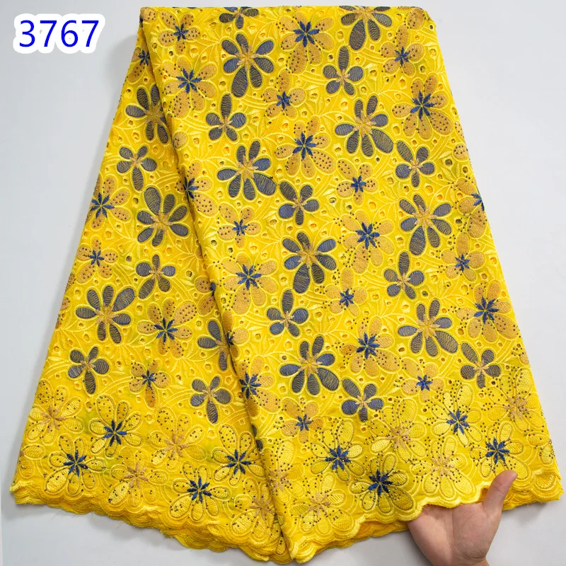 2024 African Cotton Lace Fabric High Quality 5 Yards Crystals Swiss Voile Lace Embroidered Fabric for Women Evening Dress 3767