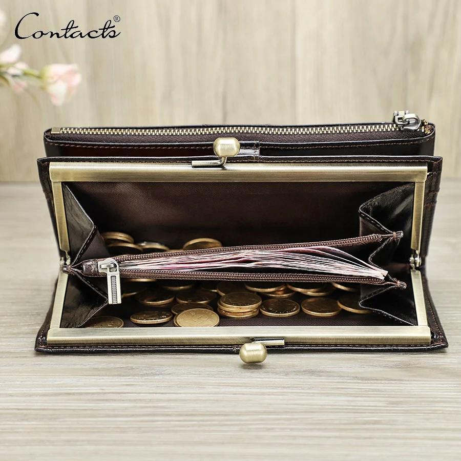 Genuine Leather Woman Credit Card Holder Metal Frame Closure Coin Purse Long bifold Wallet Women