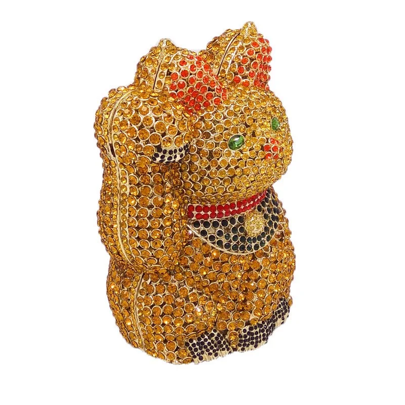 New Design Good Quality Wedding Bridal Sparkle 3D Cat Animal Clutch Bags Hardcase Full Crystal Bag Rhinestone HandBag