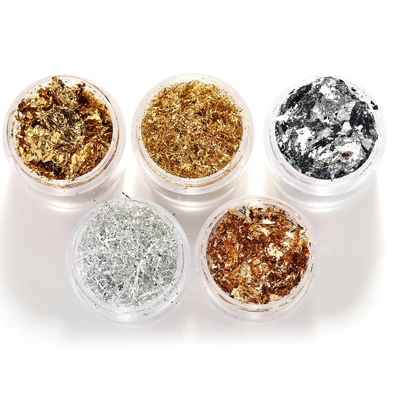 Popular Double-Sided DIY Nail Gold Foil Flakes 3D Aluminum Decoration Silver Confetti for Nail Art Glitter Stickers