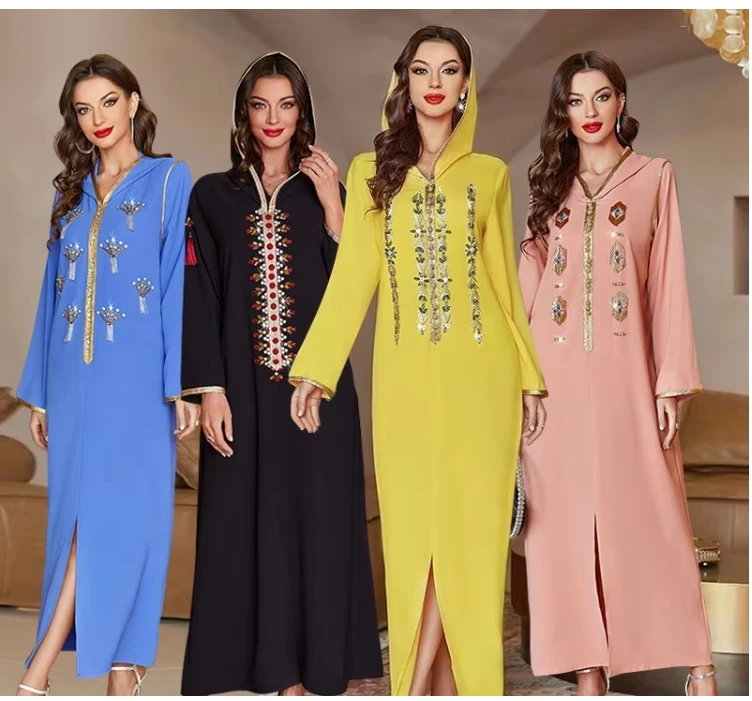 OEM Middle East custom stones embroidery hooded kaftans dress Ramadan high end luxury moroccan caftan dress kaftan with hoodie