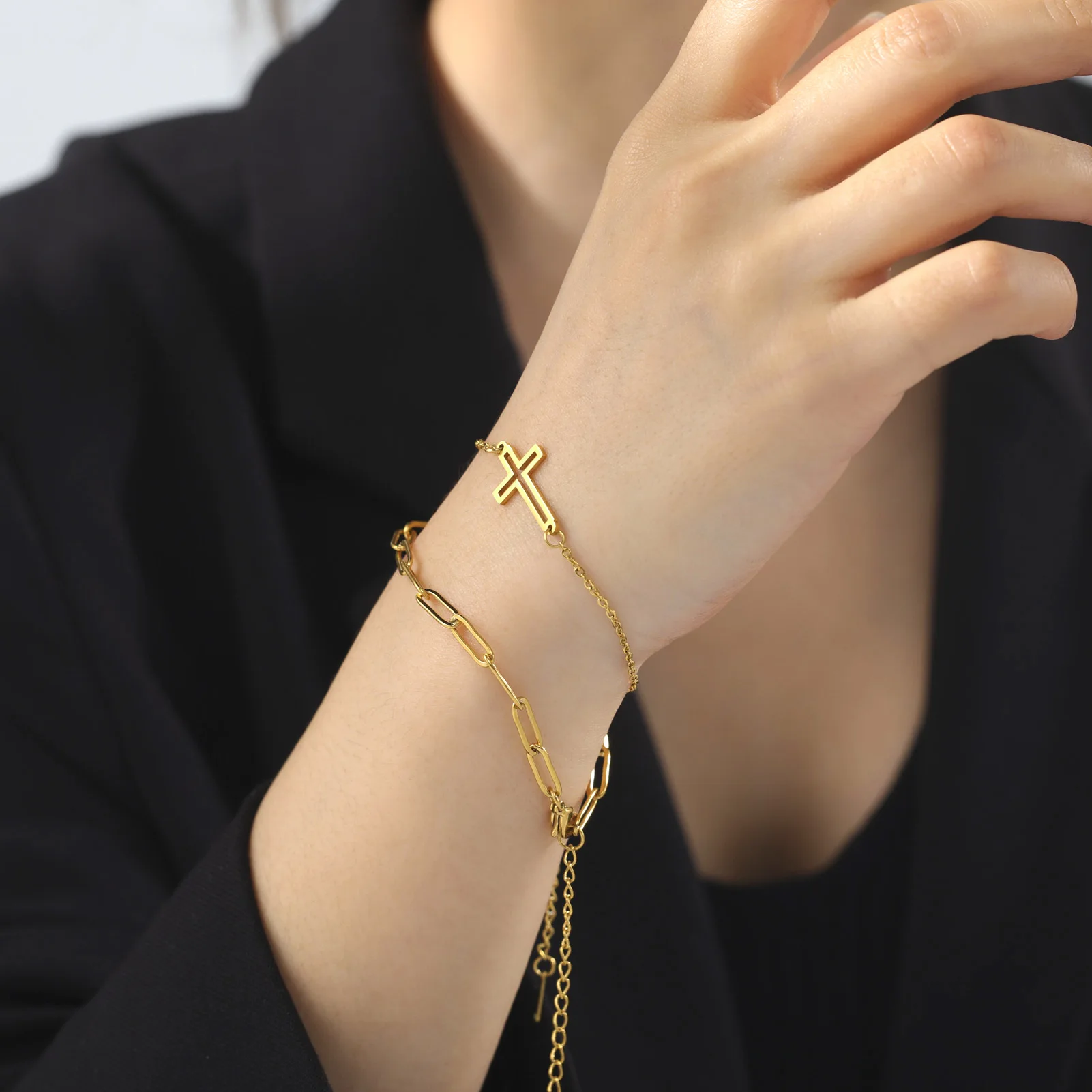 2pcs Double Layer Hollow Cross Hand Bracelet Stainless Steel Gold Color Supernatural Charm Bracelet Women Jewelry