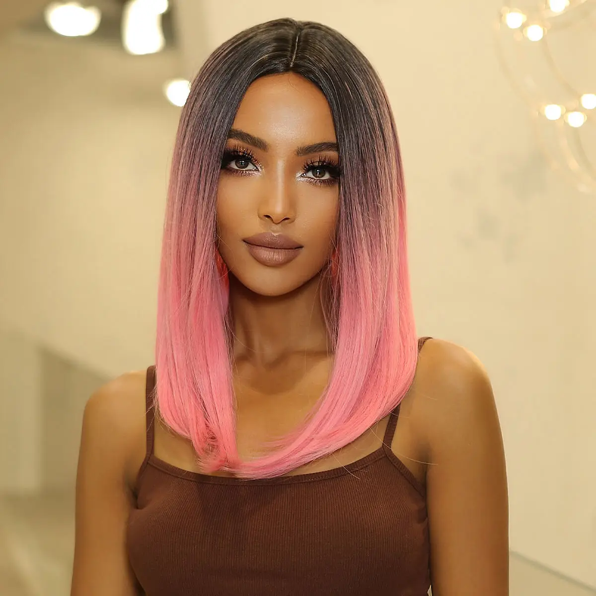 Short Straight Pink Synthetic Wigs Dak Root Ombre Shoulder Length Middle Part Hair for Black Women Heat Resistant