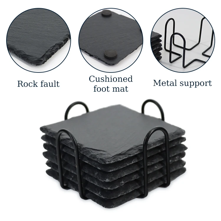 Set of 6 Slate Coaster Custom Black Slate Natural margin Coaster EVA non-slip mat With Metal Holder