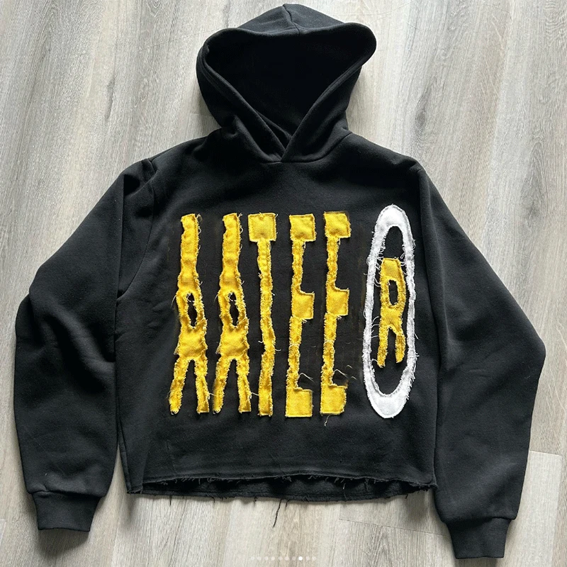 Custom Logo High Quality Applique Cut Edge Raw Hem Cropped Hoodies Oversized Sweatshirts Embroidery Heavyweight Men Hoodies