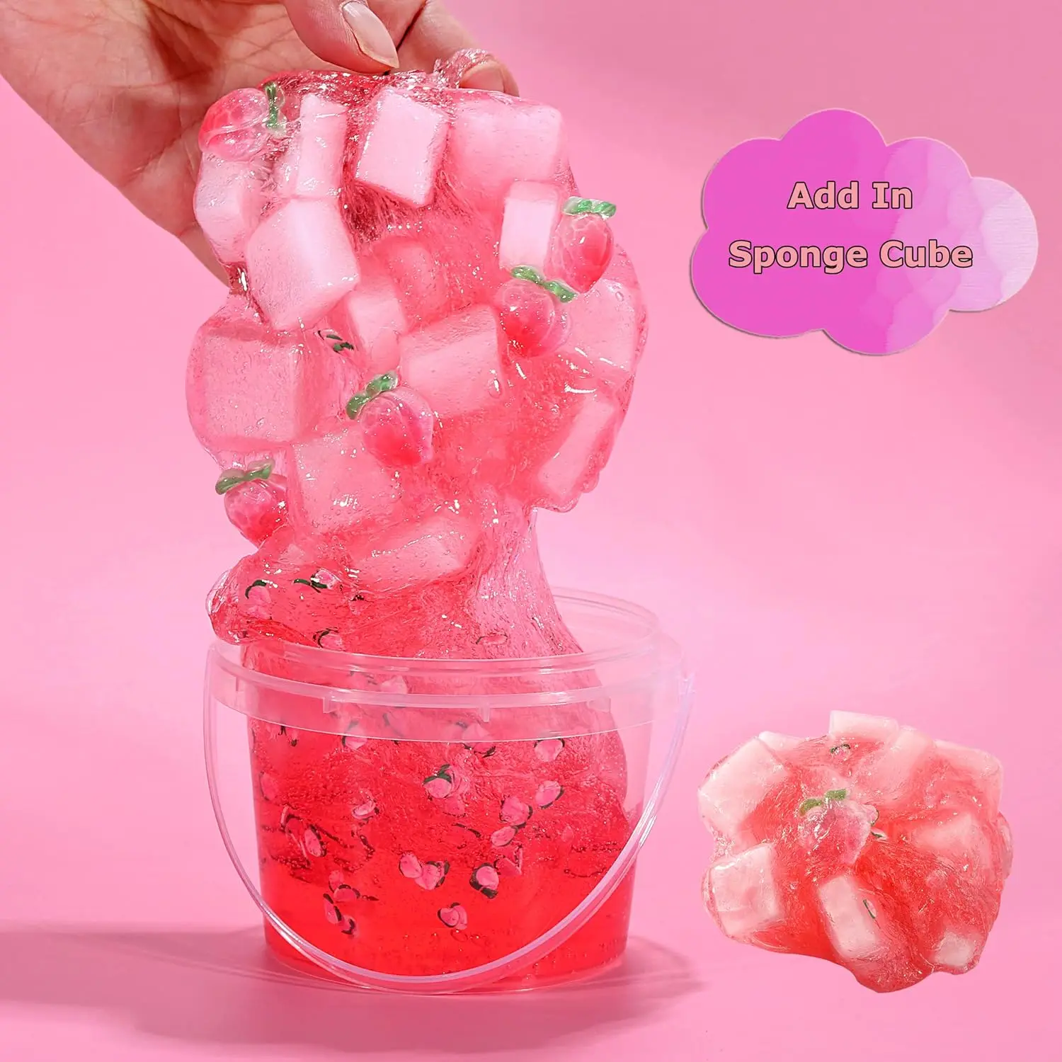 Premade Crystal Slime Peach Pink Jelly Cube Glimmer Crunchy Slime  With 6 Sets of Slime Add-ins Party Favors for Kids
