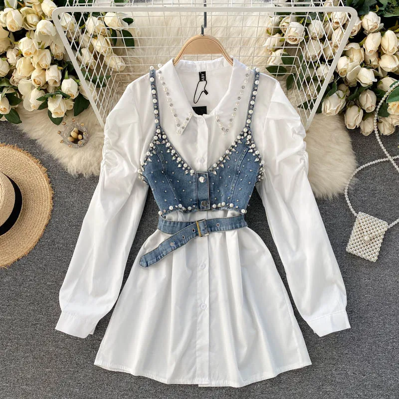 2021 Hot Sale Shirt Stacking Wear Bead Sling Waistcoat Hong Kong Style Fashion Two-Piece Blouse Women