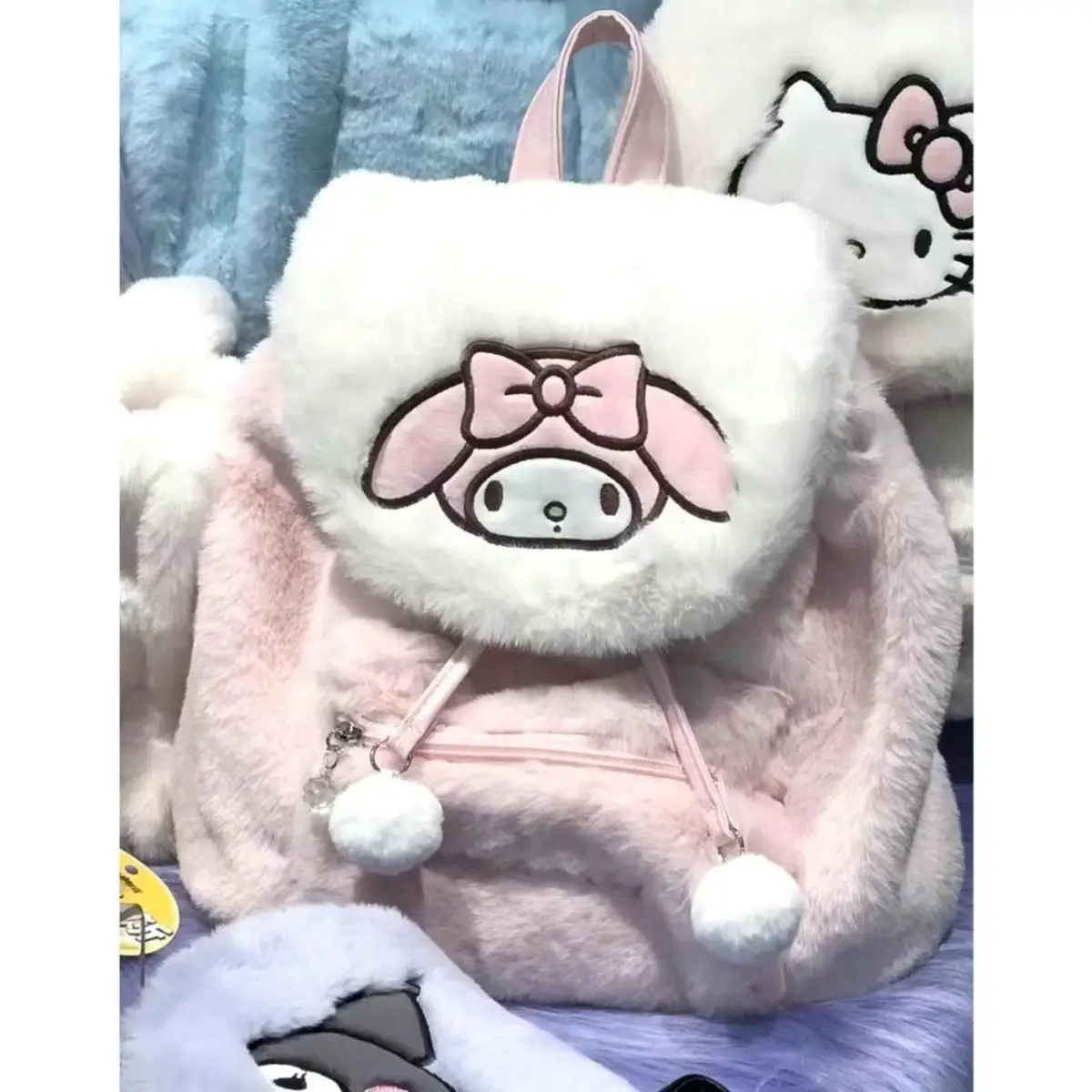 Botu New Arrivals Sanrios Backpacks Drawstring Stuffed Fur Fluffy Girls Shoulder Bags My Melody Hello KT Kuromi Plush Backpack