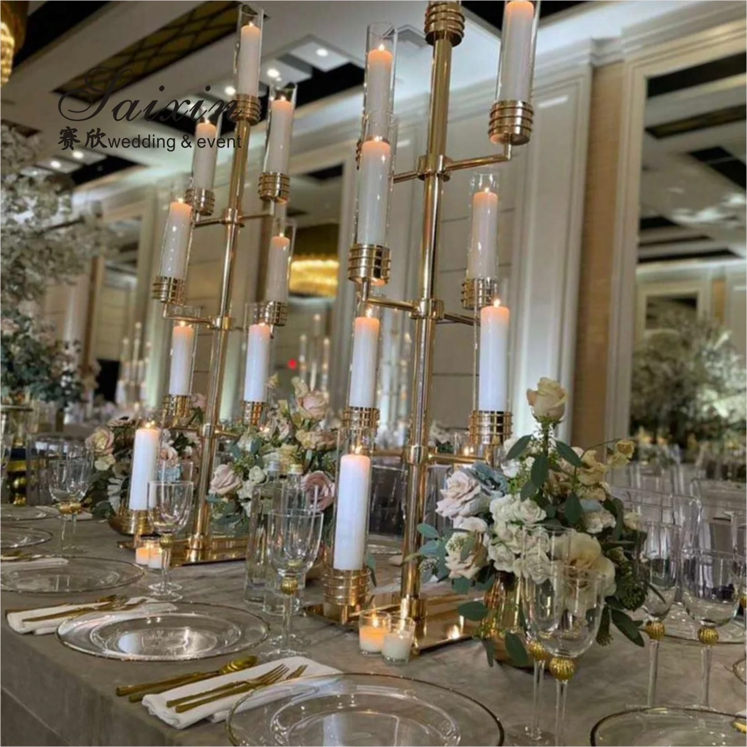 New saixin custom tall 9 arms glass tube metal candle holder for wedding centerpieces