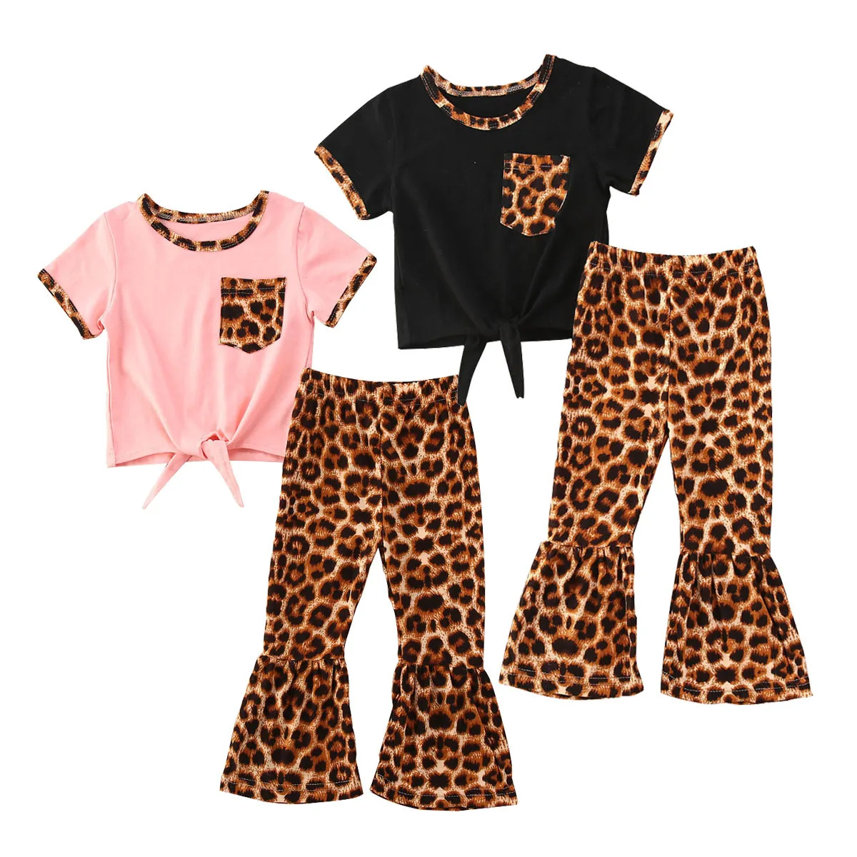 
Mysweeby custom new arival kids boutique clothing sets solid top leopard print bell bottoms girls little kid clothing set 