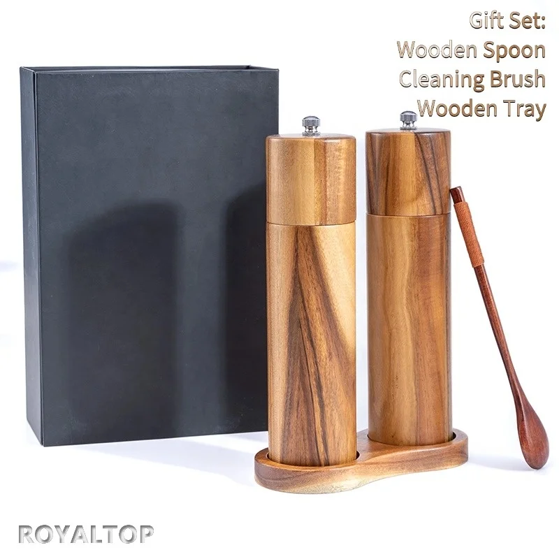 kitchen custom wooden black pepper spice shakers acacia wood salt mill pepper grinder set with tray and cleaning brush