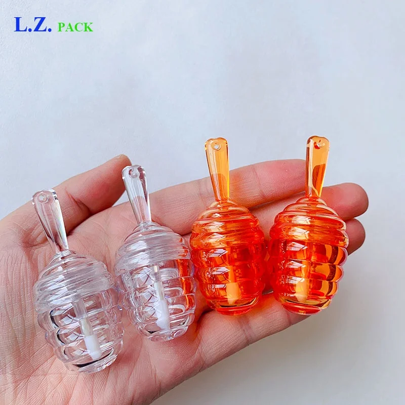LZ Pack Stock 100pcs Clear Brown Lip Gloss Container Honey Comb Empty Lip Gloss Tubes 5 ml With Keychain