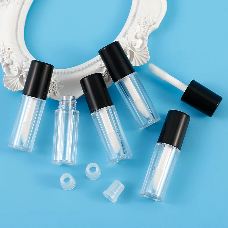 Round matte lip gloss tube transparent clear with black top , empty plastic cosmetic lip gloss tube small custom logo