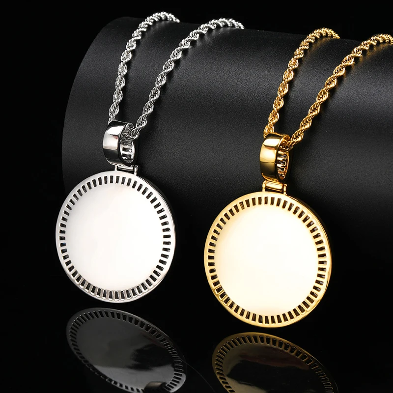 Custom Photo Necklace Personalized Family Memory Jewelry 18K Gold Plated Iced Out Baguette CZ Circle Picture Pendant Necklace