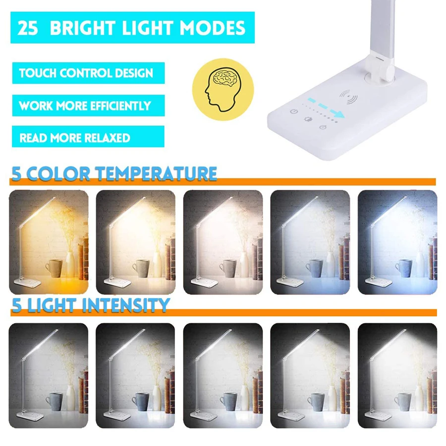 Eye Protection Study Lights Aluminum Alloy Modern Folding 5 Gears Dimming Reading Led Wireless Charging Table Touch Desk Lamp