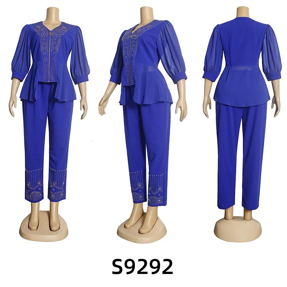 2023 Luxury Two Pieces Clothes Set African Women Shirt And Pants Sets With Rhinestone Top And Down Suits K0245