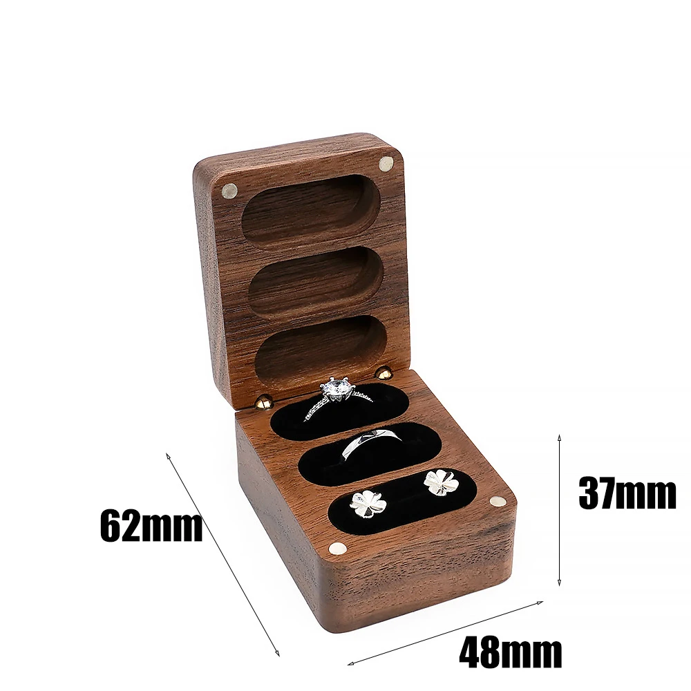 custom high quality Square Solid Wood wedding ring storage Box walnut wooden ring box with 3 slots
