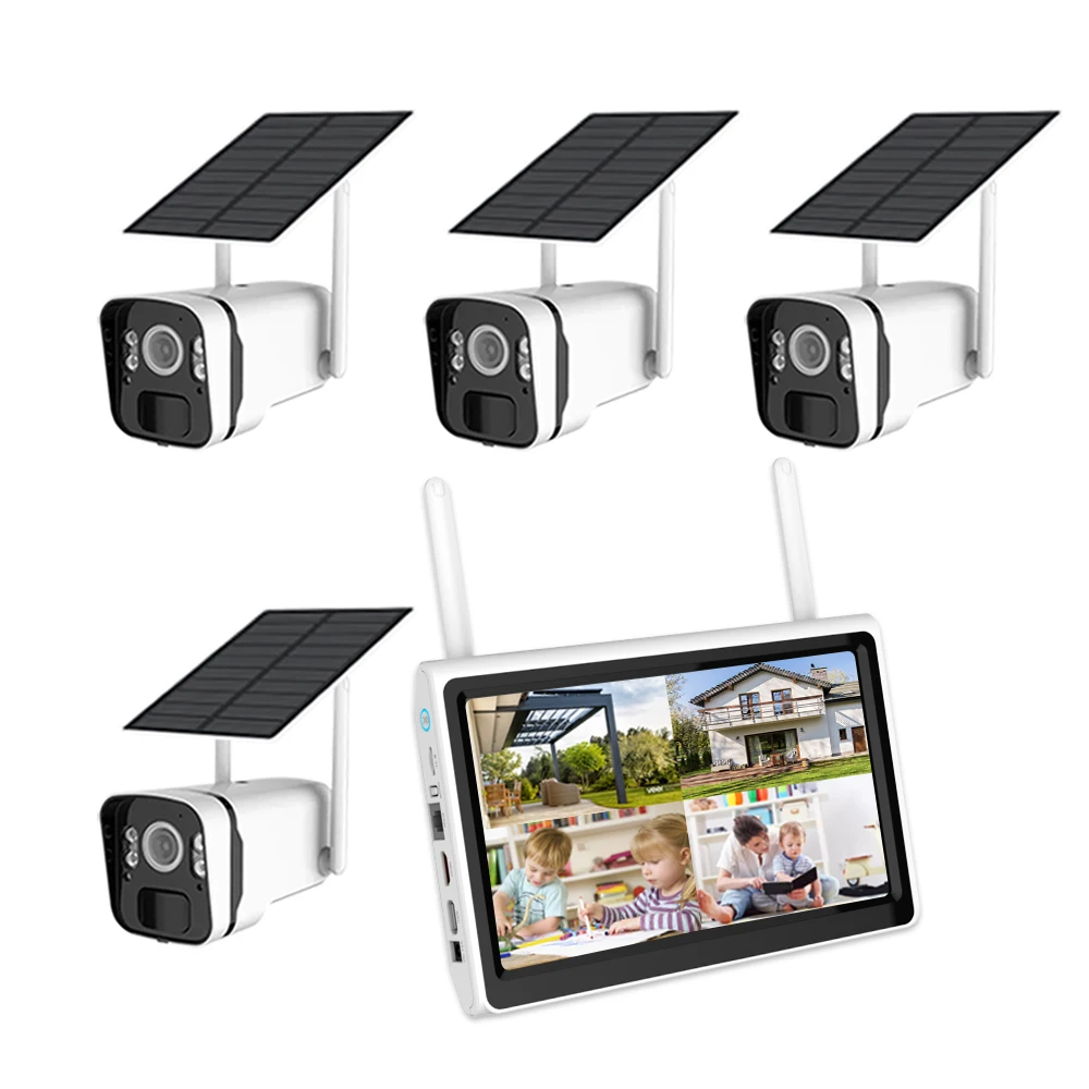 10.1 Inch Monitor Wireless Battery Cctv Solar Camera Kit 2 Way Audio Wifi Security Camera System