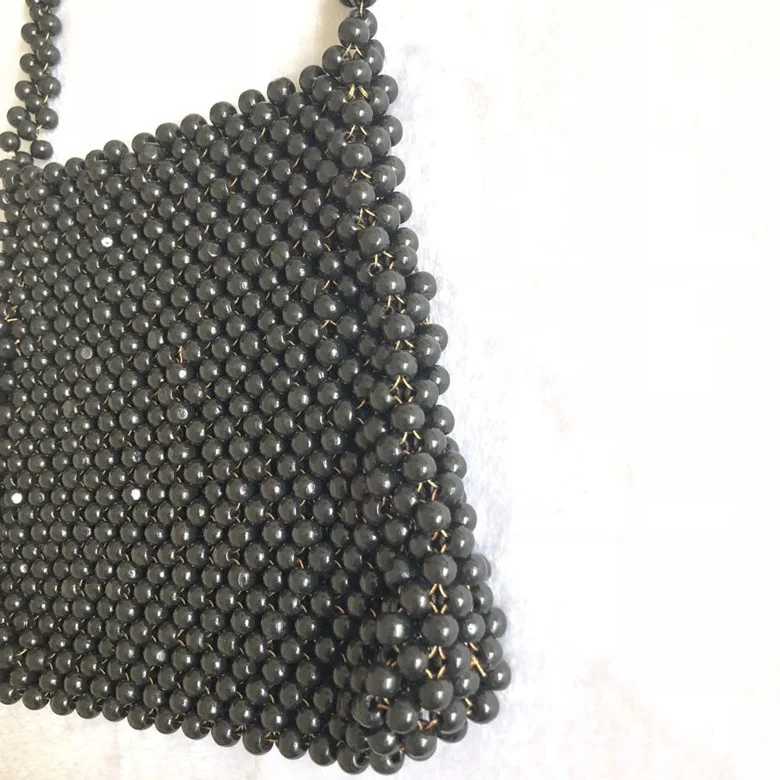 Black Color wood bead shoulder bag handbag new designer street wear collection style