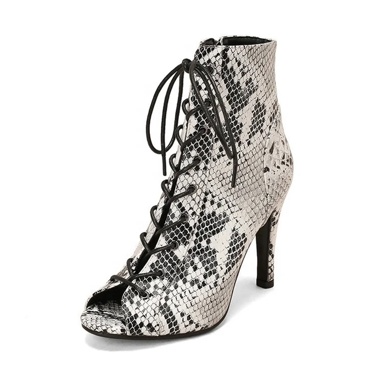 Foreign style sexy girls snakeskin ankle booties front lace up round toe women dance high heel boots