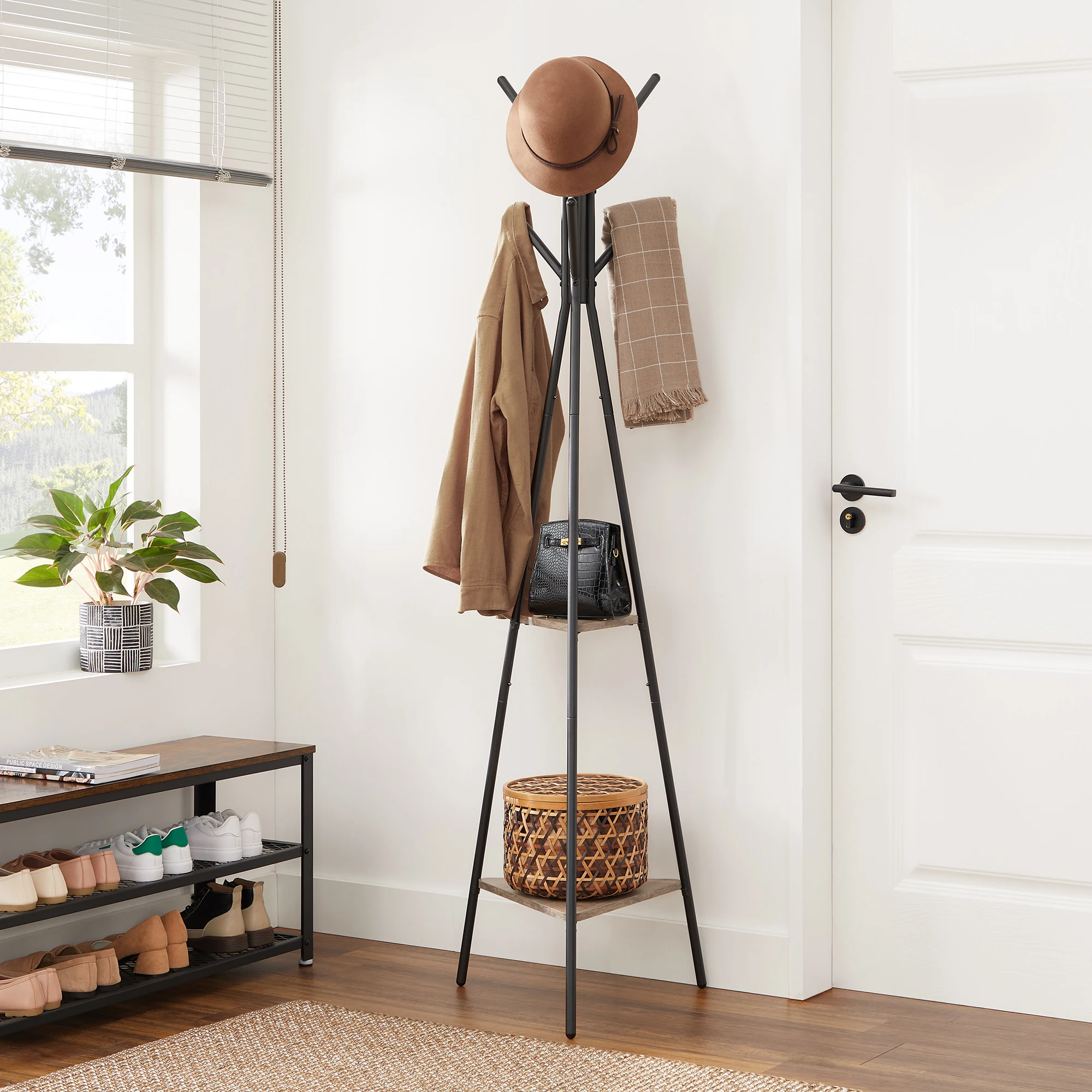 VASAGLE Hall Tree with 2 Shelves for Clothes Hat Bag Freestanding Coat Hanger Stand Coat Rack
