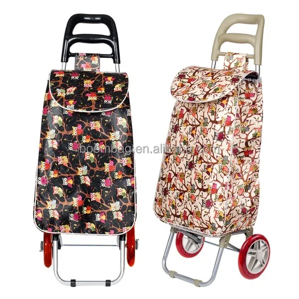 Supermarket Reusable Flower Pattern Overall Printing Portable Folding Grocery Trolley Shopping Bag with Wheels