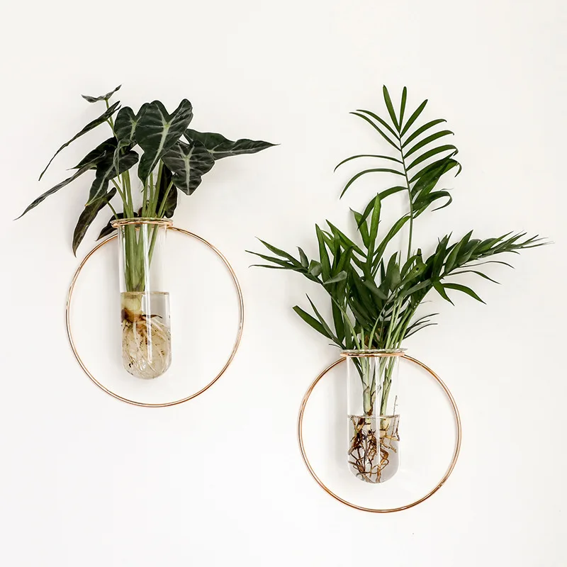 Nordic Geometric Shape Light Luxury Metal Wall Hanging Iron Test Tube Glass Vase Simple Flower Home Decoration