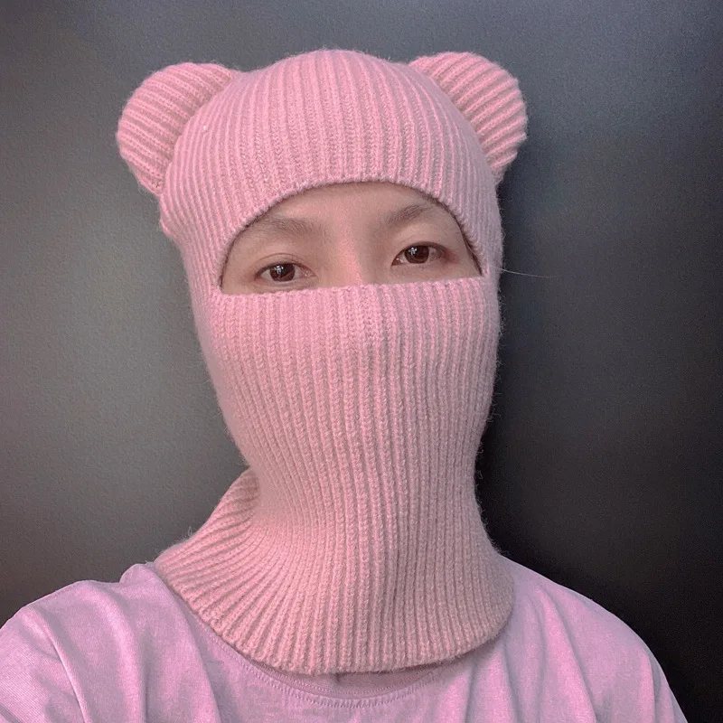 11 Colors Custom Winter Warm Thick Thermal Hood Cute Bear Ear Knitted Alpaca Wool Skull Beanie Balaclava Mask Hat With Bear Ear