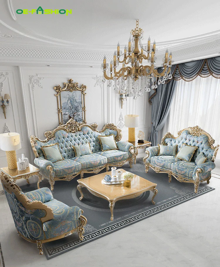 OE-FASHION Palace Rococo high-end villa neoclassical carving silver foil French luxury European fabric sofa