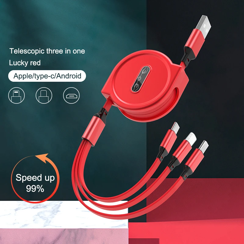 Retractable usb charging cable 3 in 1 Pearl Light 2.4A fast charging data cable factory customized logo charging cable