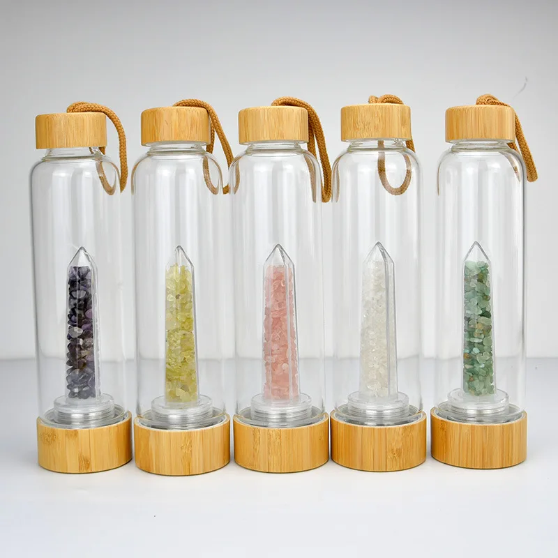 Natural Healing Gemstone Glass Drinking Water Bottle Bamboo Lid Crystal Infused Water Bottle