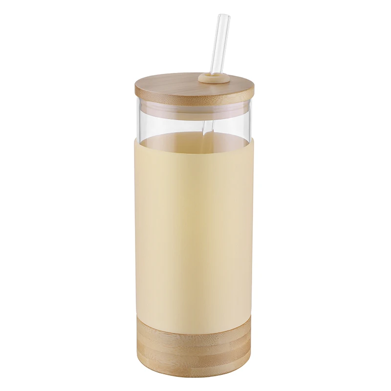 Экологичная бамбуковая стеклянная бутылка для воды с соломинкой, силиконовым рукавом и бамбуковой крышкой