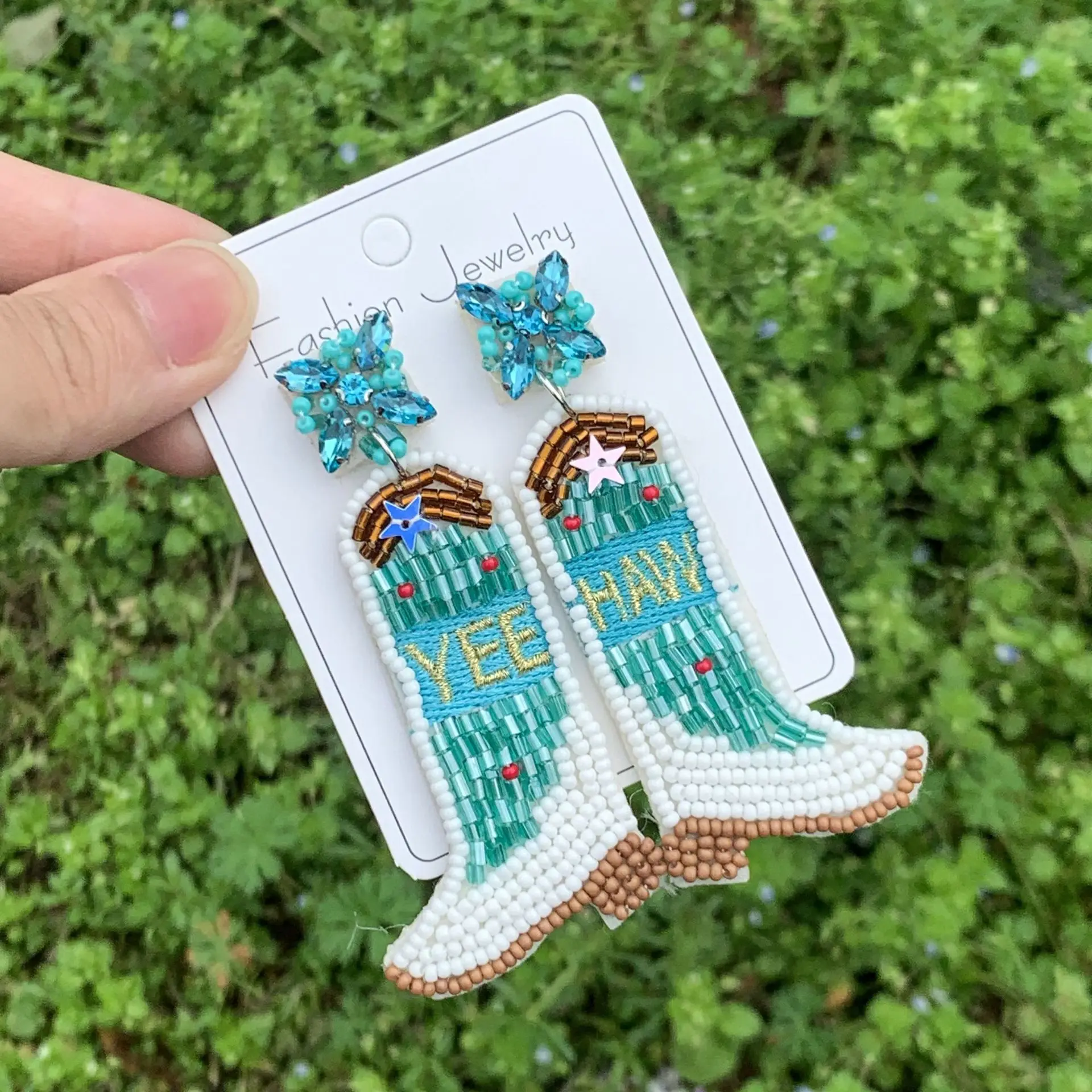 Cross border Western Cowboy Style Boots, Rice Ball Earrings, Personalized and Exaggerated, Handmade Beaded Fashion Earrings