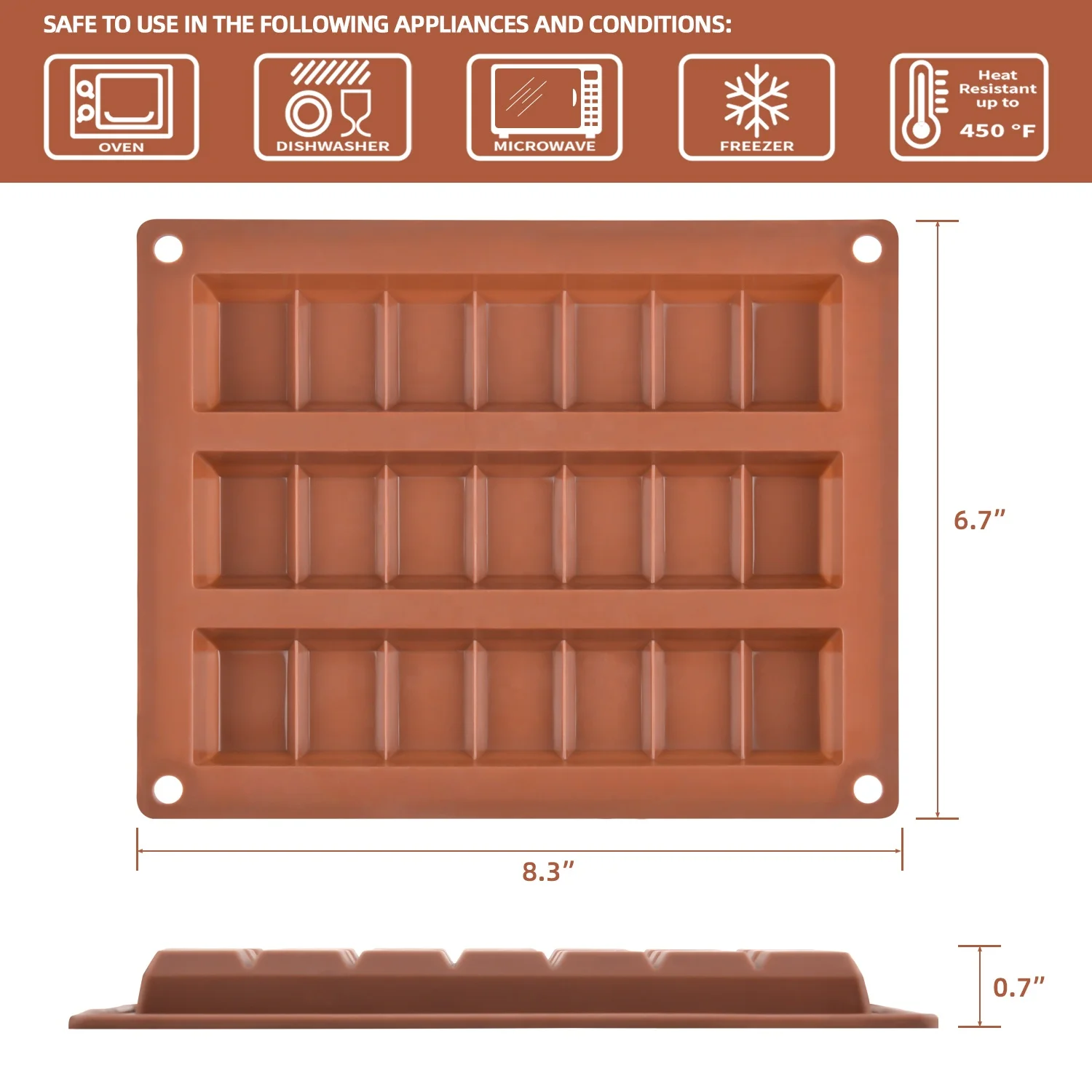 New design  3  *  7 long chocolate bar molds flexible wax melt mold for Handmade lovers making tray