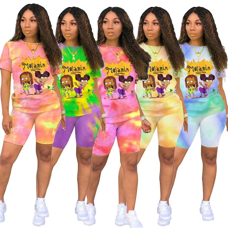 PN791394 Summer New arrival Cartoon Tie Dye Print 2 Pcs Track Suit Outfits Two Piece Shorts Sport Wear Pants Set Women Clothing