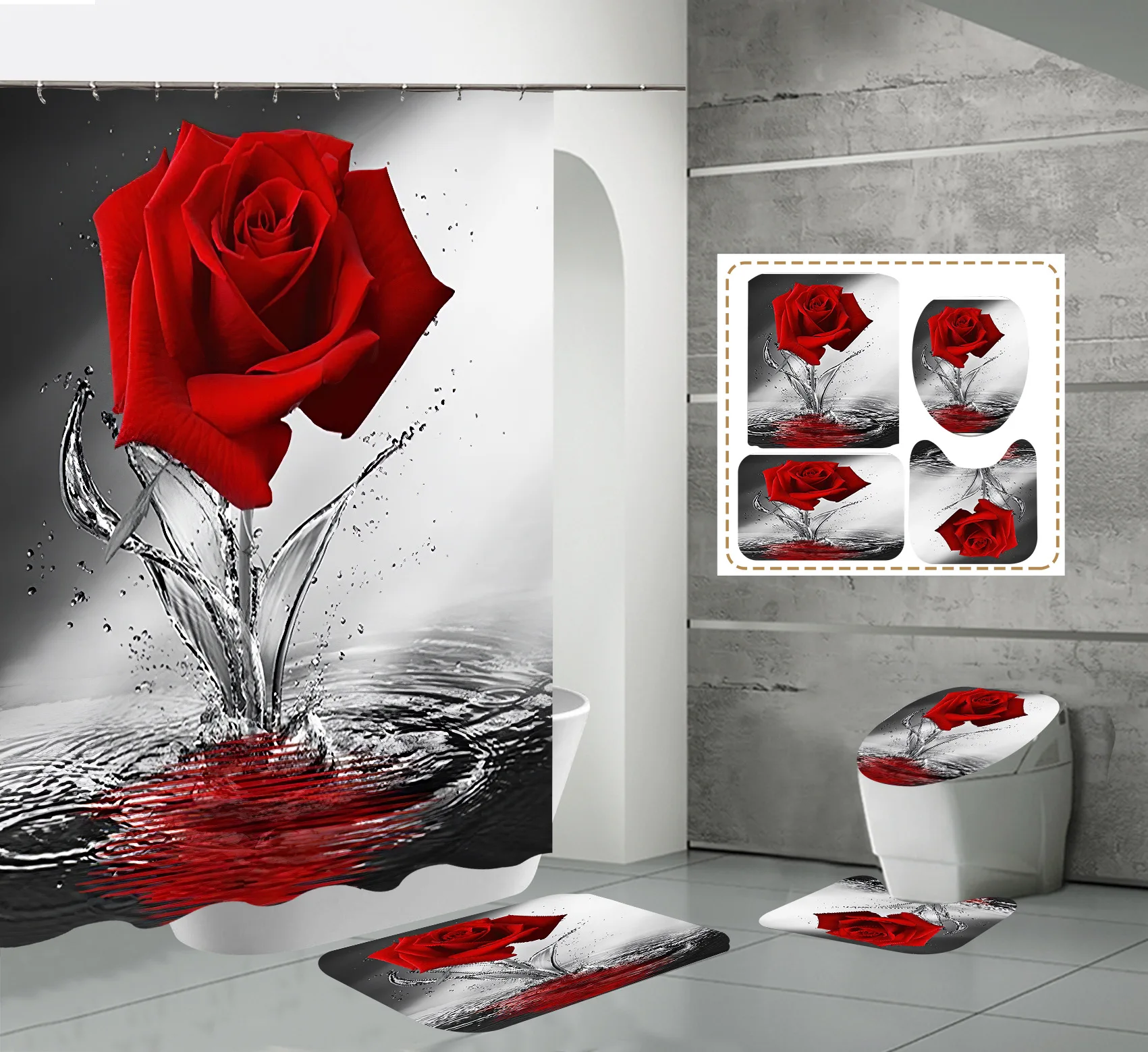 Promotion Custom Design Digital Printing Mildew Resistant Waterproof Bathroom 4 pcs set  Shower Curtain