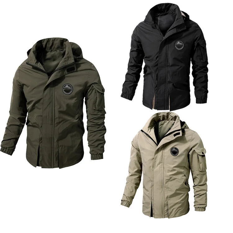 hot sale in Europe men outdoor windproof casual zipper hooded softshell jackets hat removable male fat sizes hiking jackets