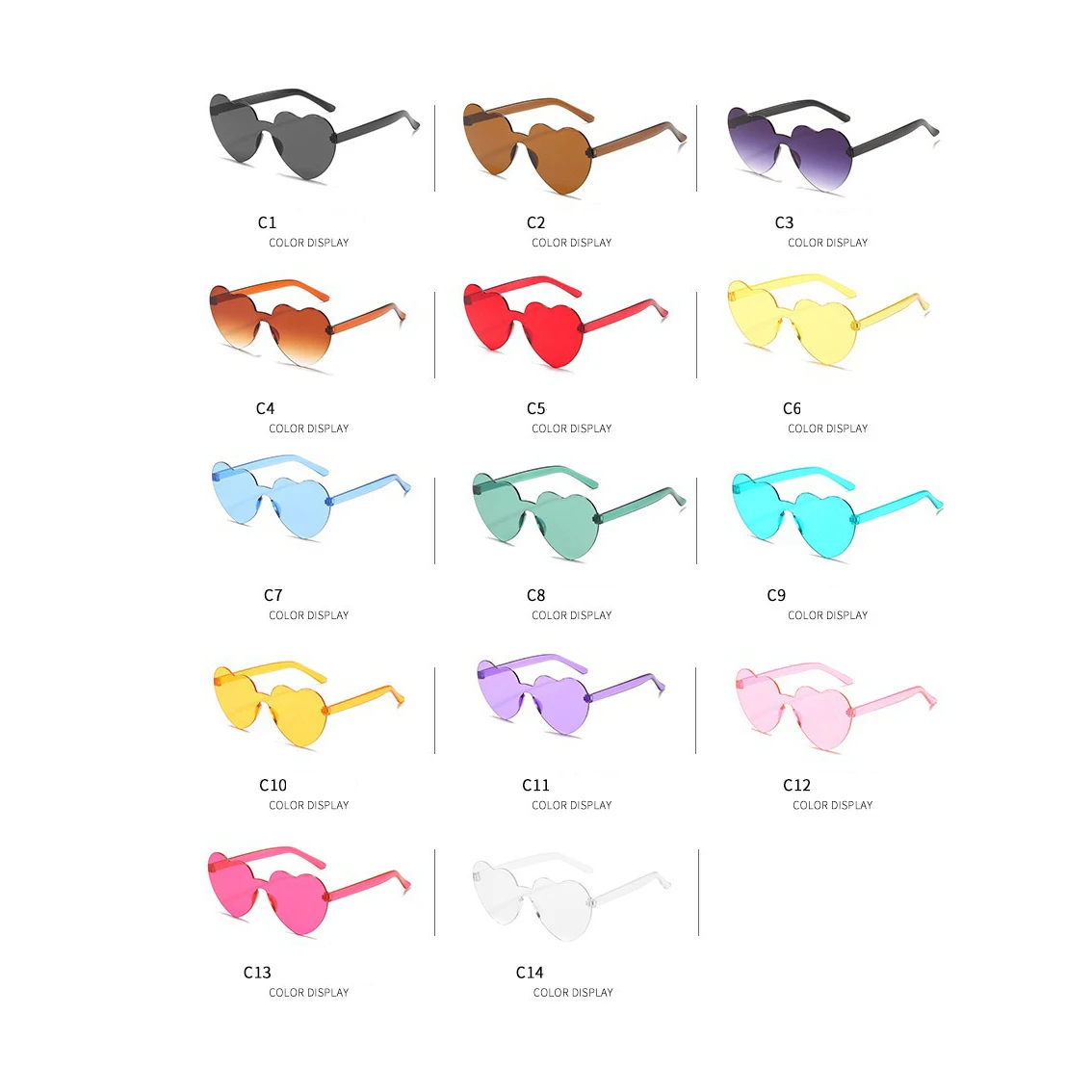 Clear Sunglasses 2025 One-Piece High Quality Jelly Color Lens Beautiful Bulk Plastic Heart Rimless Sunglasses