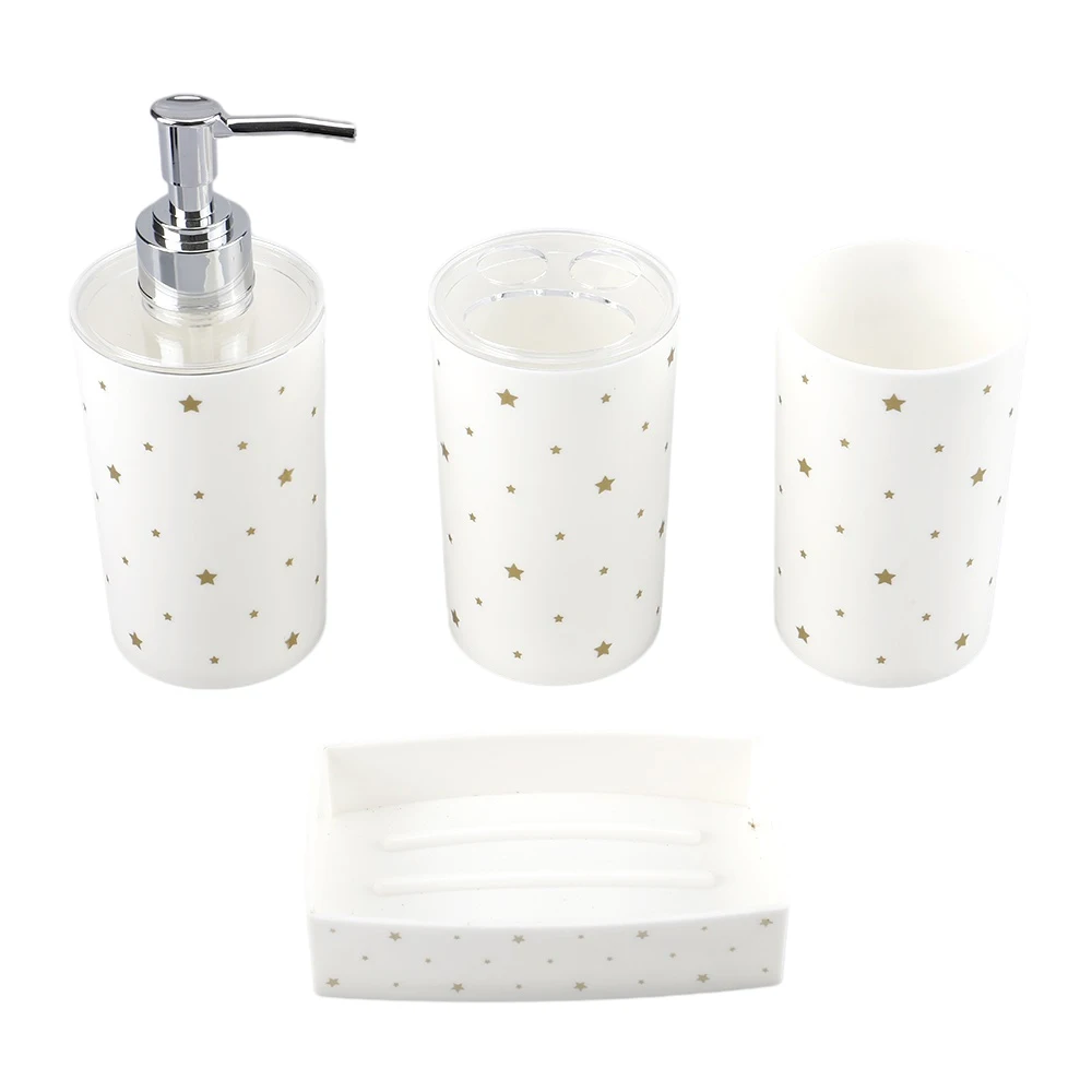 Wholesale Washroom Vanity Accessories Printed Plastic 4 Piece Bathroom Accessories Set