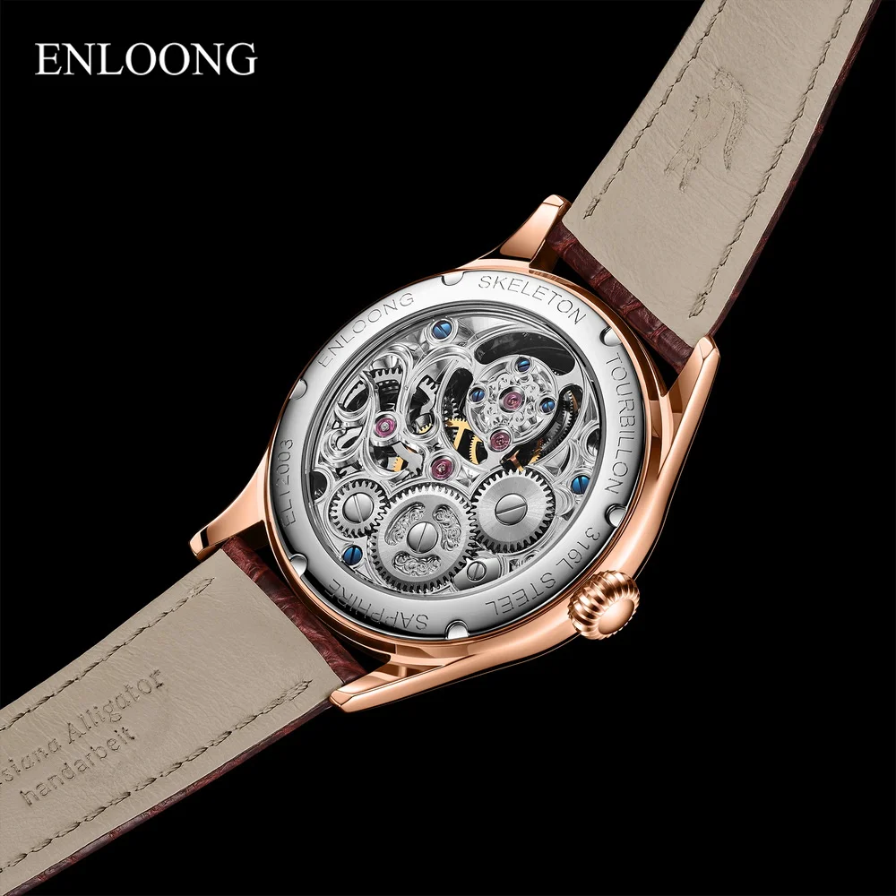 ENLOONG  Private Label Gold GMT Luxury Moon Phase Antique Skeleton Tourbillon Mechanical Watch