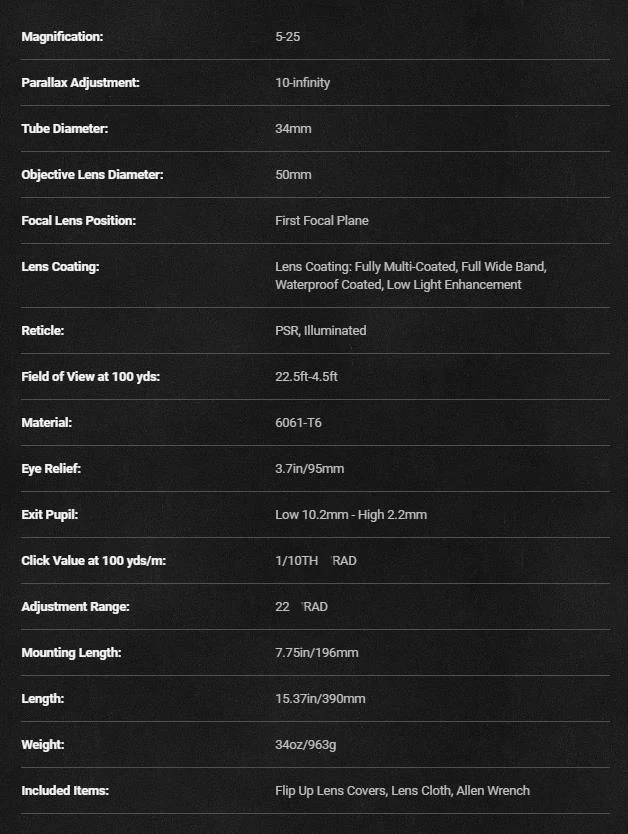 RITON 5 CONQUER 5-25x50 MRA FFP Fast Focus Scope Outdoor Zero Stop Sight 34mm Hunting Scopes & Accessories